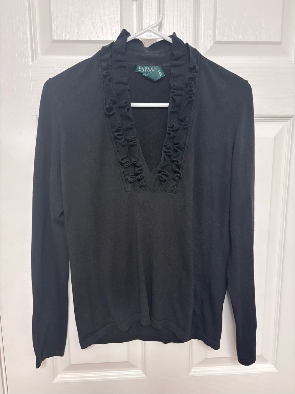 Ralph Lauren Black Ruffled V-Neck Knit Top
